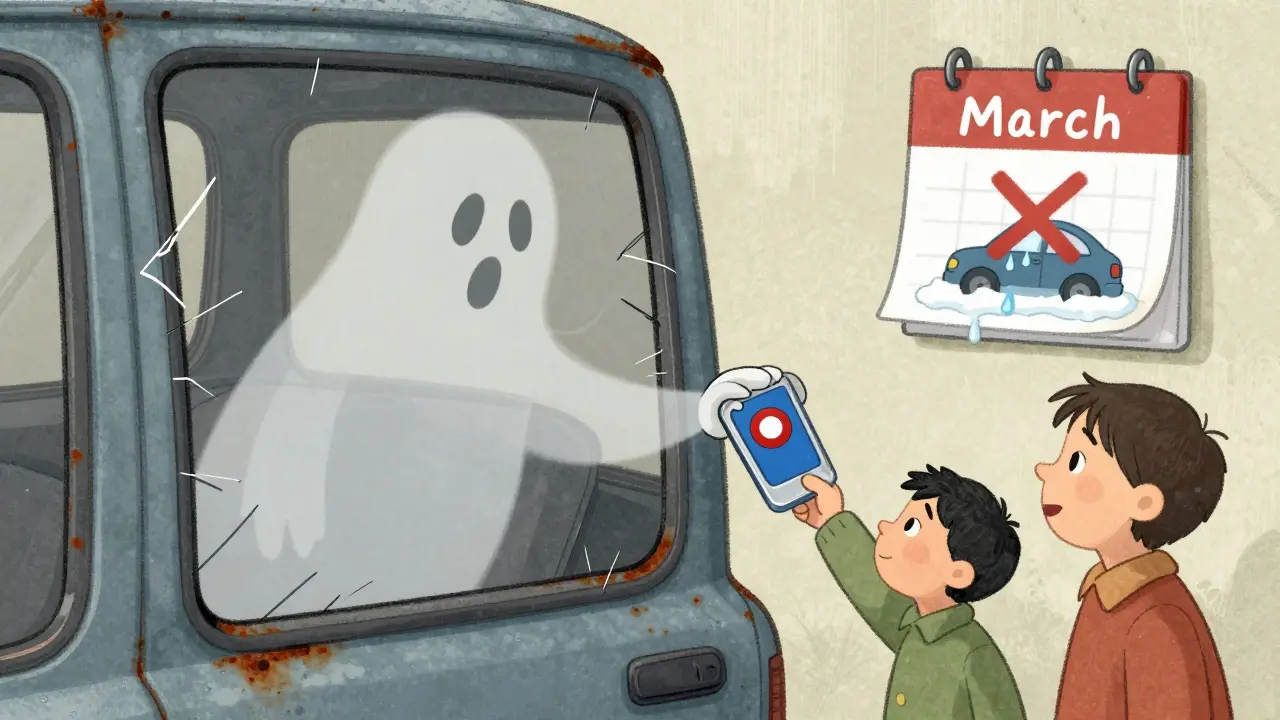 Семья проверяет днище автомобиля магнитом, видна скрытая ржавчина.