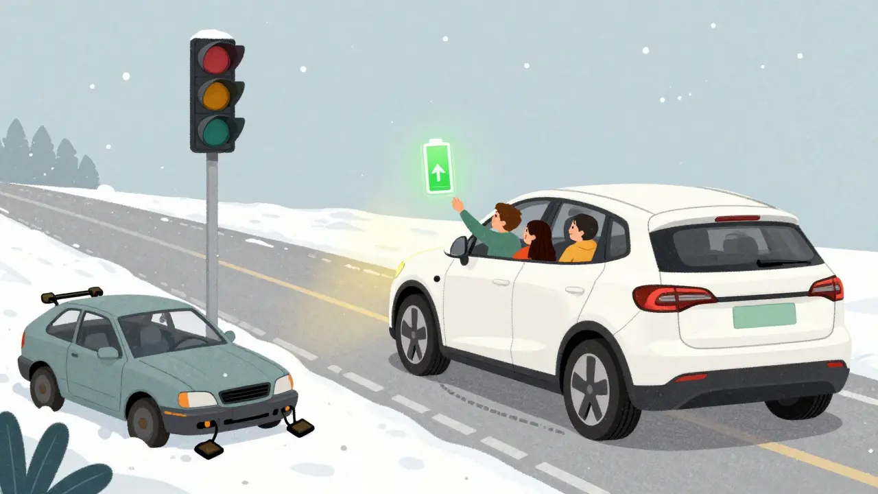 Семья в электромобиле наблюдает за ростом заряда у светофора, за окном — снег, тормоза не используются.