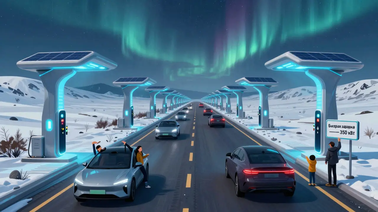 Современная трасса в России 2026 года с новыми быстрыми зарядными станциями.