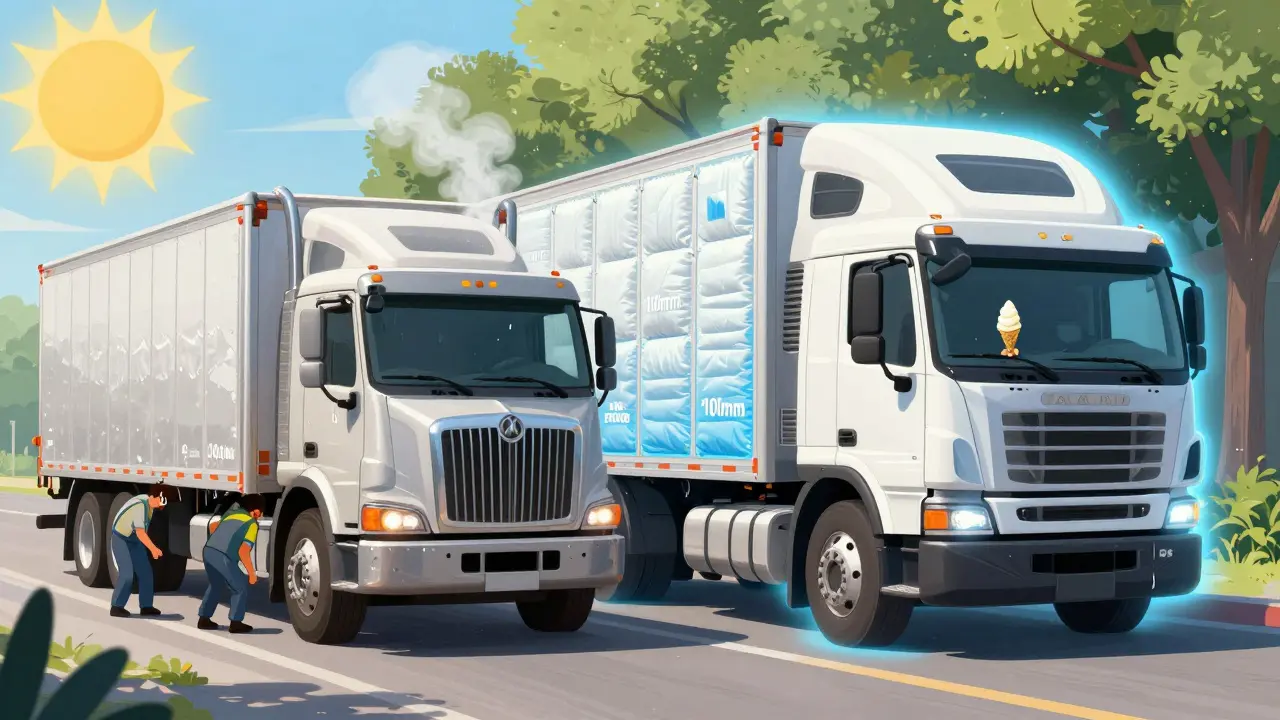 Сравнение двух грузовиков: один с плохой изоляцией и перегревом, другой — с толстой изоляцией и прохладным сиянием.