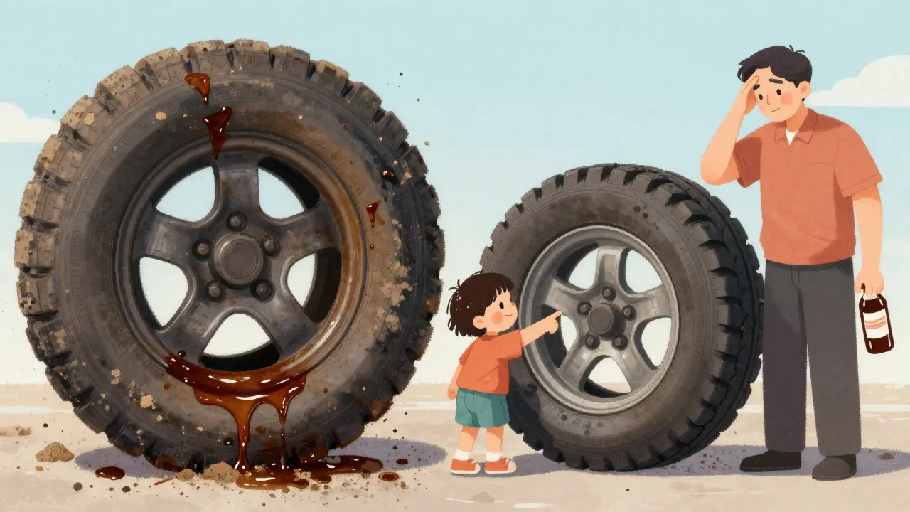 Сравнение грязной шины после кока-колы и чистой после профессиональной обработки.