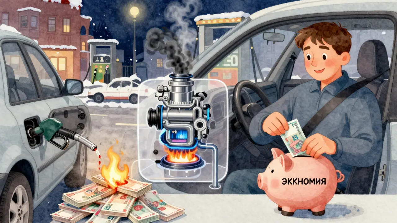 Сравнение расходов на бензин и газ: слева — горящие деньги, справа — копилка с экономией, в центре — двигатель с чистым и грязным сгоранием.