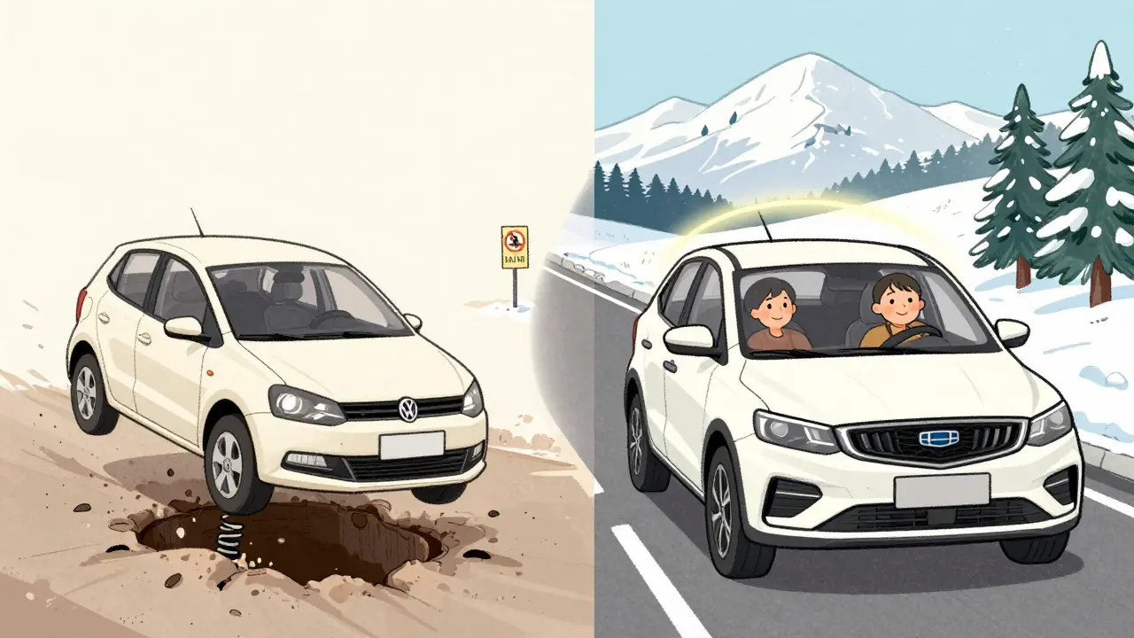 Сравнение: водитель страдает в Polo и спокоен в Emgrand 7 на одной дороге.