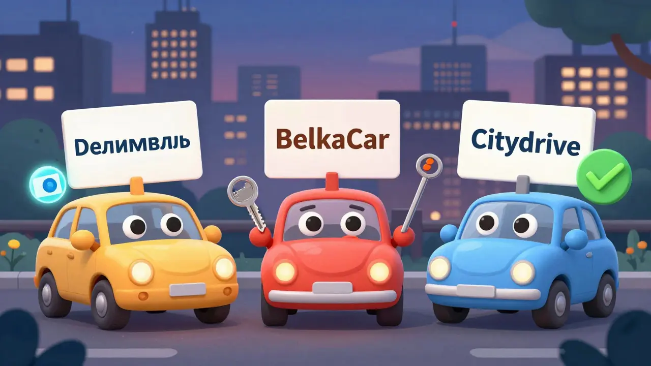 Три мультяшные машины с лицами сравнивают штрафы и функции проверки состояния авто в городе.