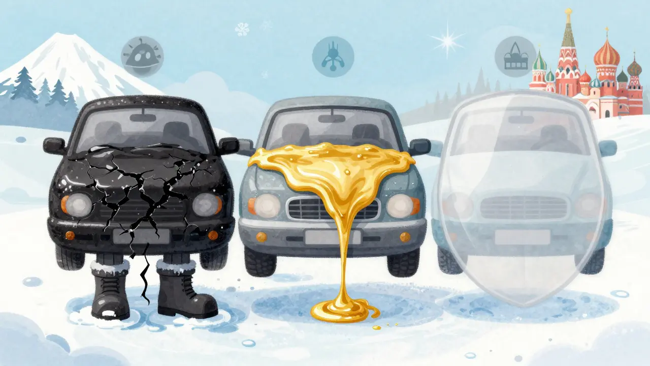 Три типа антикоррозийной защиты — битум, воск и заводское покрытие — изображены как волшебные сущности над автомобилем.