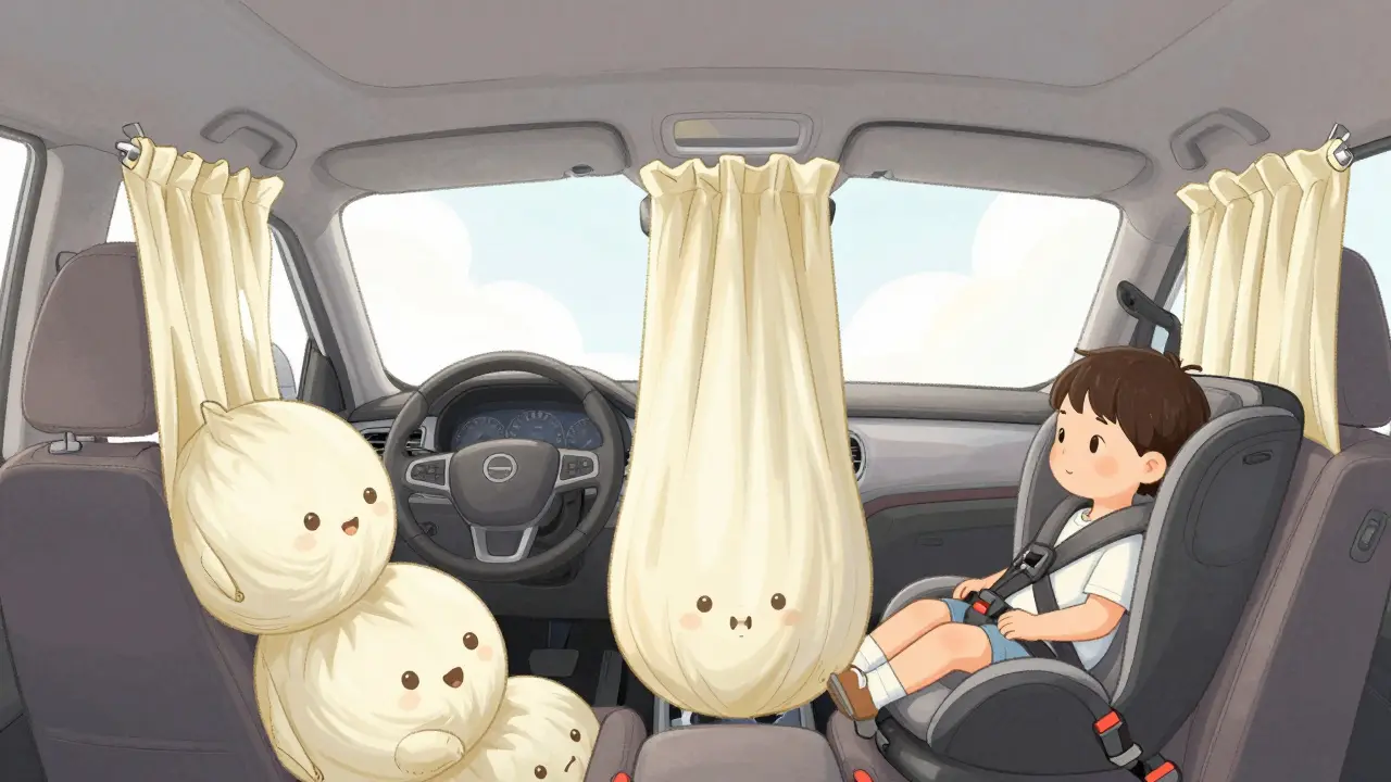 В салоне автомобиля одновременно надуваются боковые, шторочные и коленные подушки безопасности, ребенок сидит сзади.