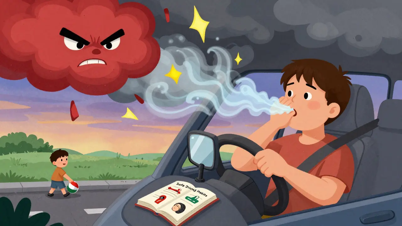 Водитель делает глубокий вдох, рассеивая эмоции гнева и стресса, готовясь к безопасному вождению в сумерках.