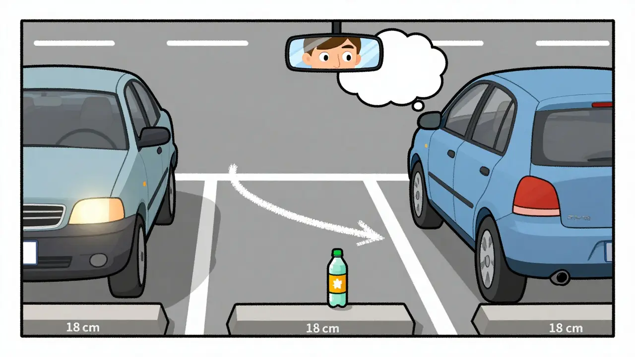 Водитель паркуется задним ходом под углом 45 градусов, ориентируясь на бутылки и бордюр высотой 18 см.