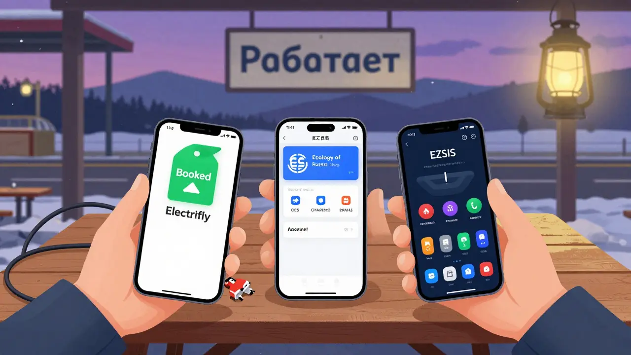 Водитель проверяет три приложения для поиска зарядок на придорожной стойке.