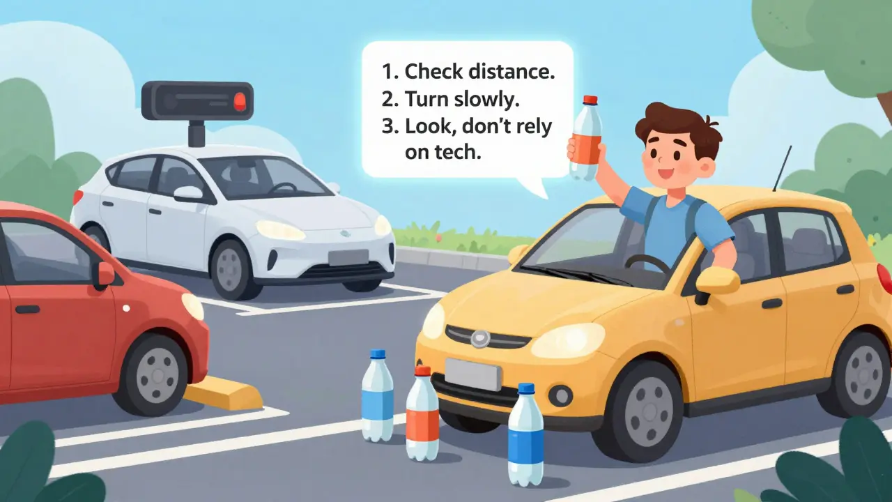 Водитель тренируется с четырьмя бутылками как препятствиями, в то время как авто с автопилотом стоит с ошибкой.