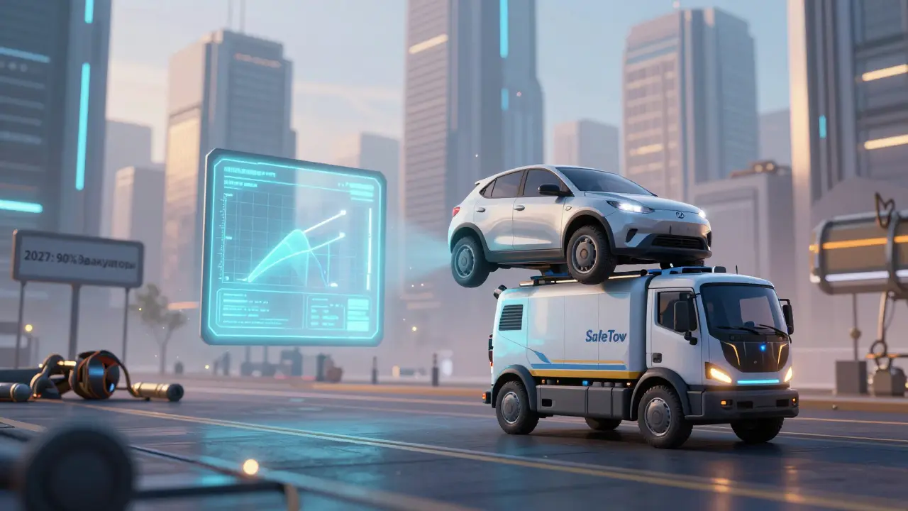 Автономный эвакуатор поднимает автомобиль, на экране — показания натяжения, вдалеке лежат старые тросы и балки.