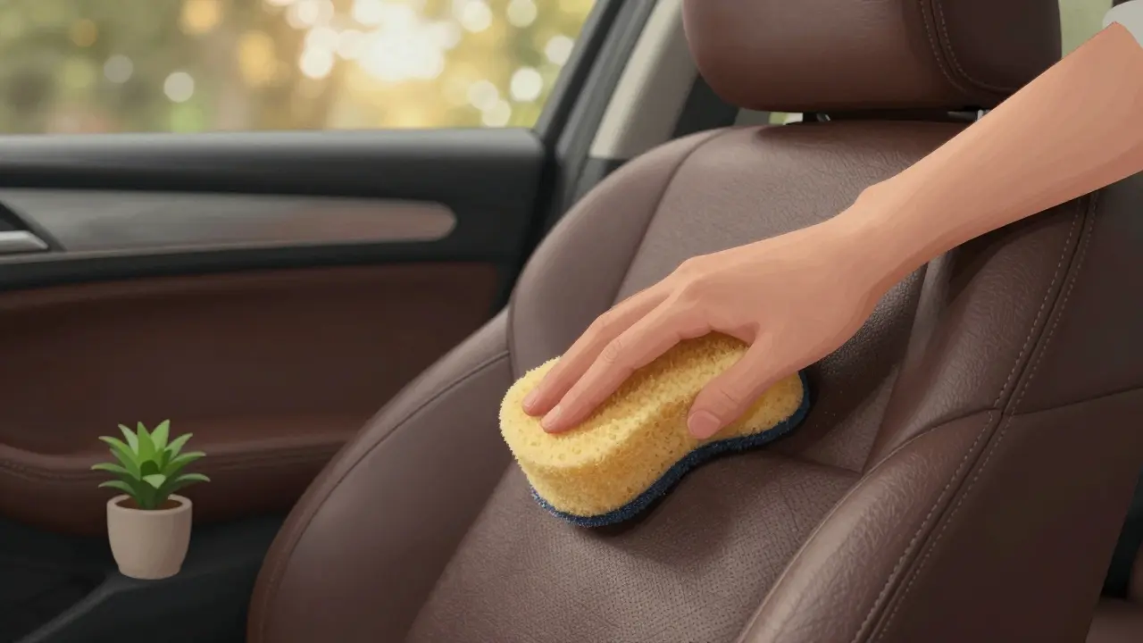 Человек наносит кондиционер на кожаное сиденье салфеткой, мягкий свет подчёркивает текстуру кожи, в салоне тихо и уютно.