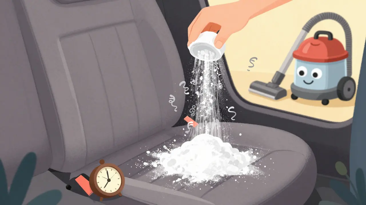 Человек посыпает соду на сиденья, а молекулы запаха исчезают, как волшебная пыль.