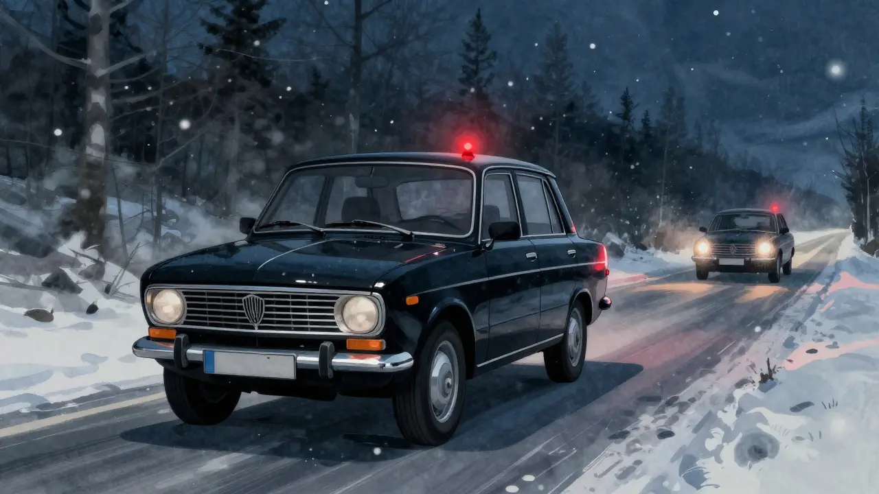 Чёрная Волга-2425 «Утюг» с мигающим маячком едет по снежной трассе за ЗИЛом ночью.