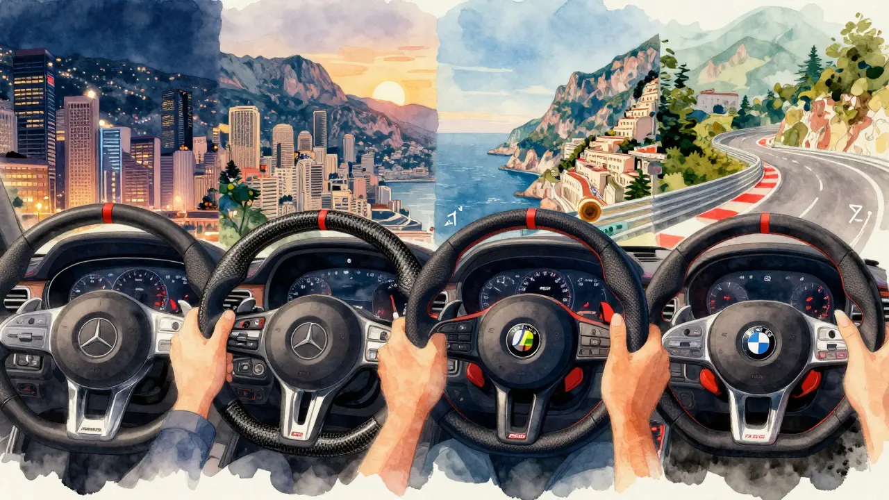 Четыре руля с эмблемами AMG, M, RS и N, за каждым — своя уникальная дорожная вселенная в стиле водяных красок.