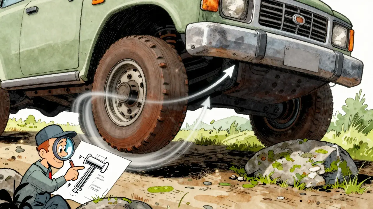 Детализированный вид подвески и дифференциала: одно колесо крутится в воздухе, другое сцепляется с камнем.