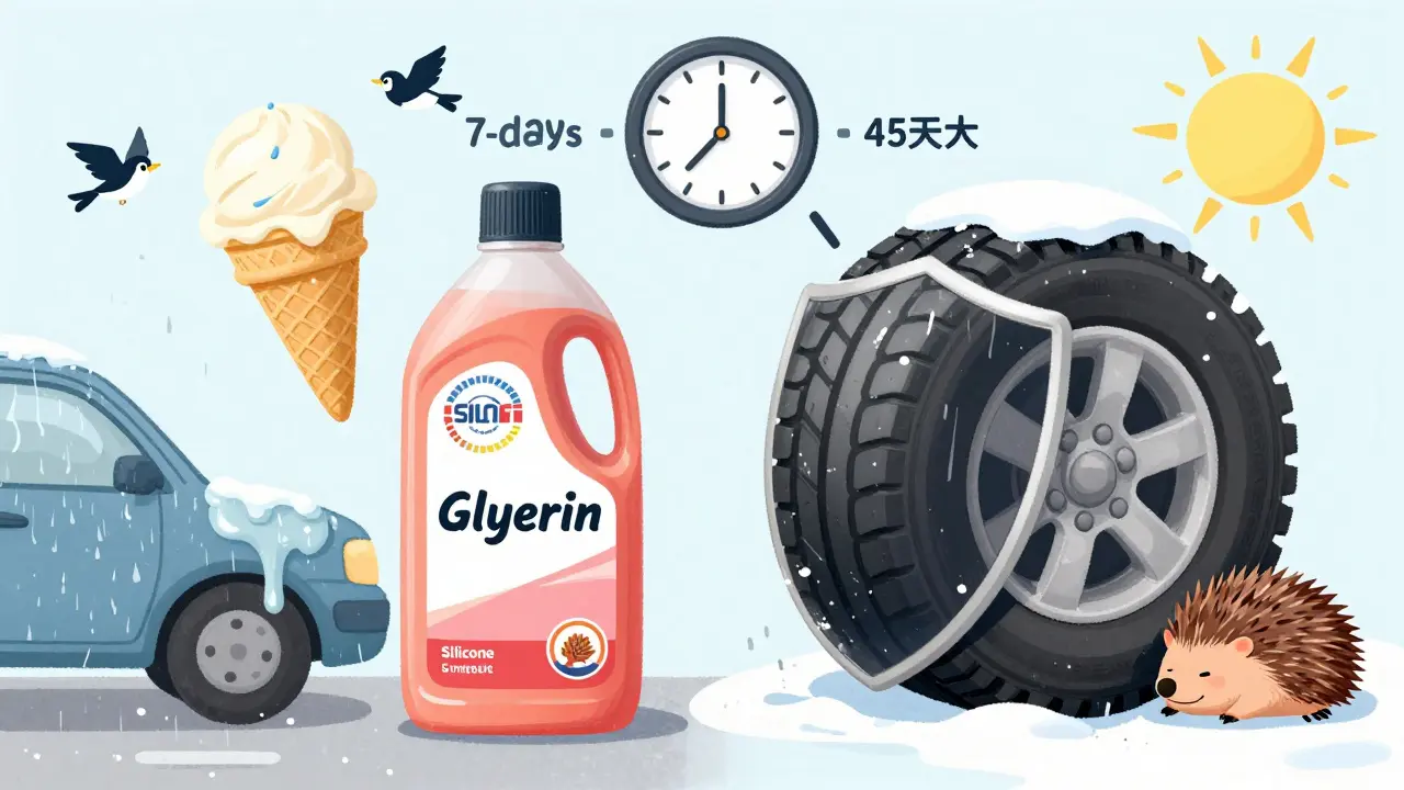 Две бутылки чернителя: одна с тающим лаком, другая с прочной защитной пленкой под солнцем и снегом.