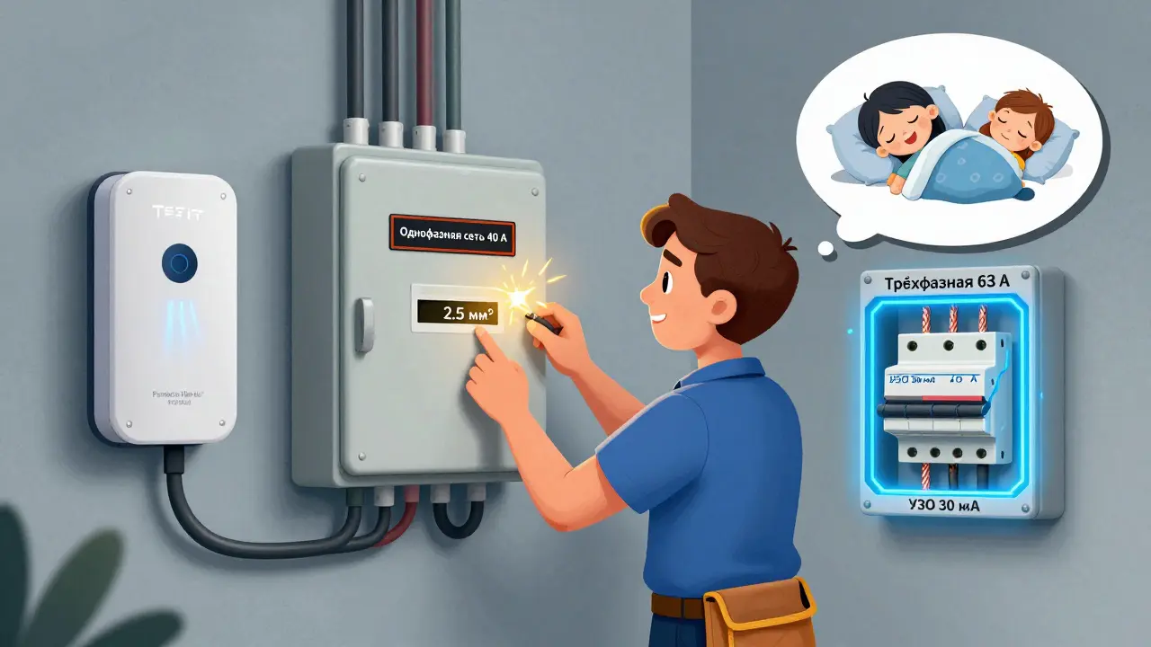 Электрик заменяет старую электропроводку на современную трёхфазную систему с правильными автоматами и кабелями для зарядки электромобиля.