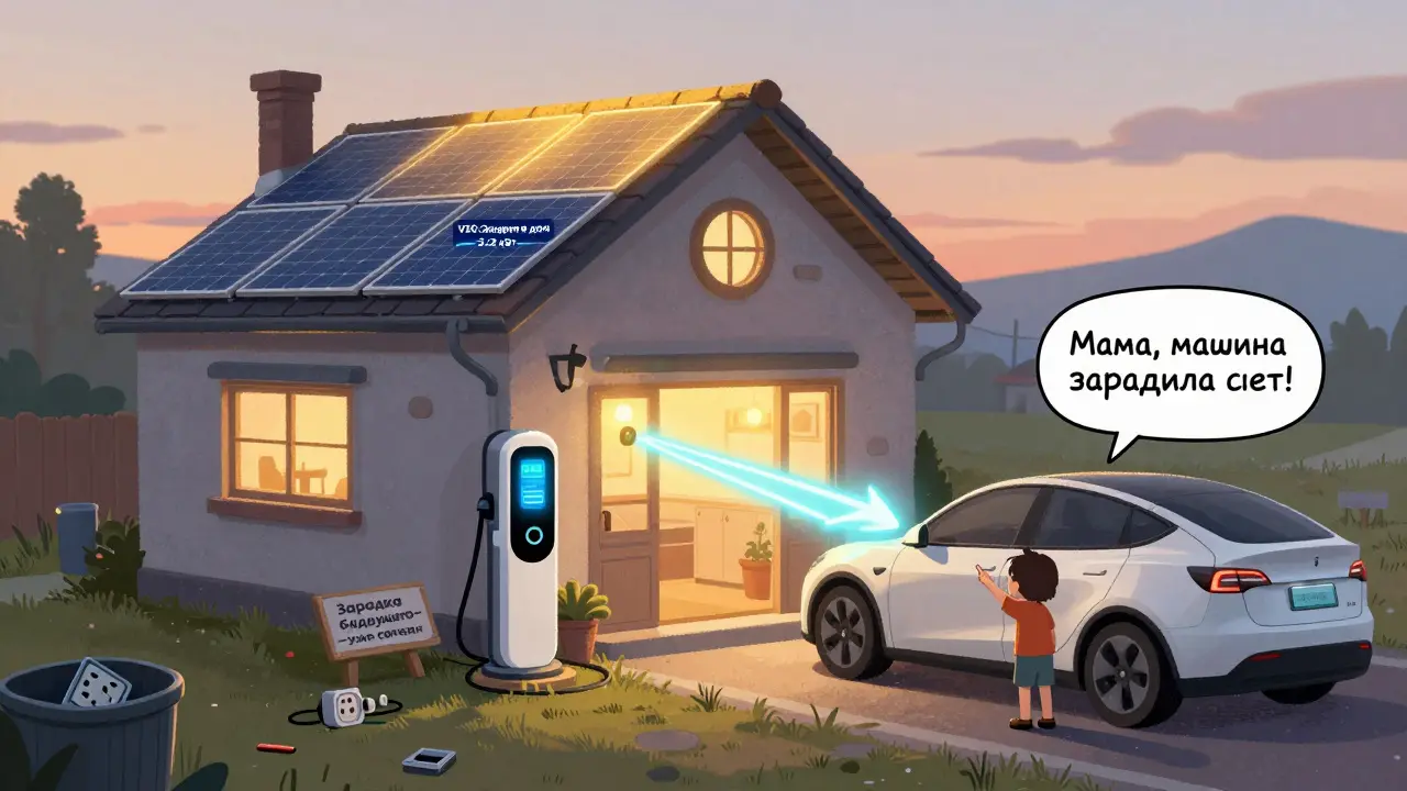 Электромобиль отдаёт энергию обратно в дом через систему V2G, в то время как солнечные панели на крыше заряжают аккумуляторы.