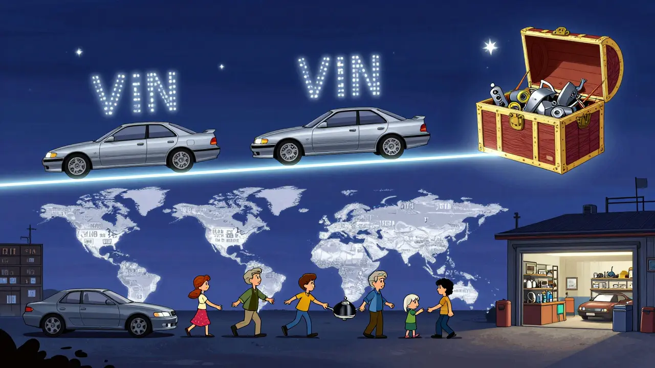 Глобальная цепочка передачи редкой запчасти от Японии к Европе, символизирующая сохранение старых авто.