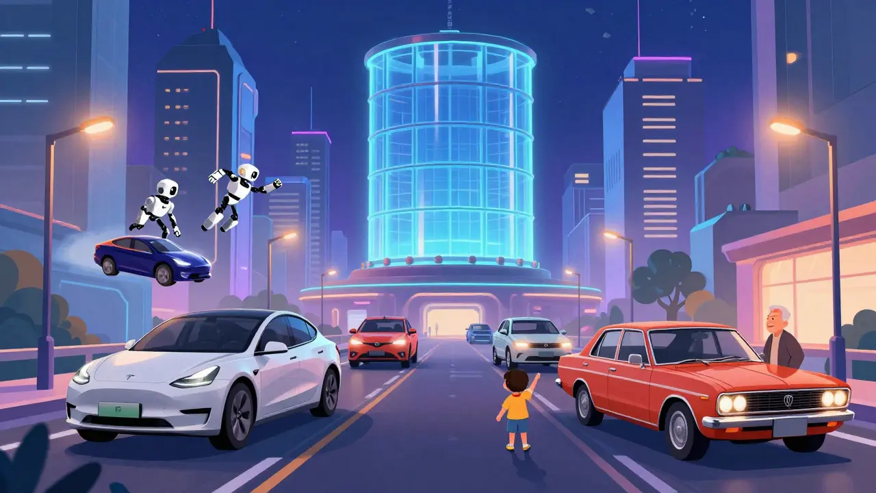 Город будущего с электромобилями, роботами и старым Тойотой на 1,2 млн км, сочетание ностальгии и технологий.