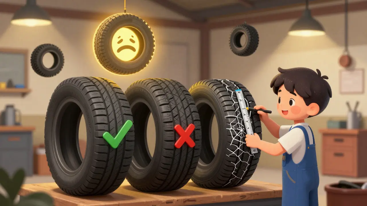 Механик измеряет глубину протектора линейкой, три шины показывают разные уровни износа.