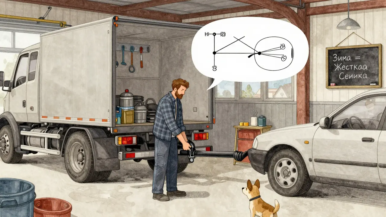 Механик показывает, как крепить жесткую сцепку между машинами в гараже, на стене — схемы и надписи.