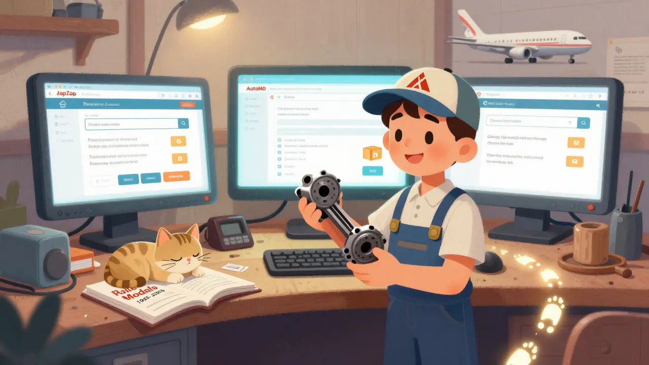 Механик смотрит на экраны специализированных сайтов по поиску редких автозапчастей.