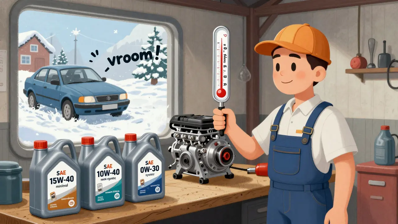 Механик в гараже смотрит на три банки масла при температуре -40°C, один двигатель запускается легко, другой — с трудом.