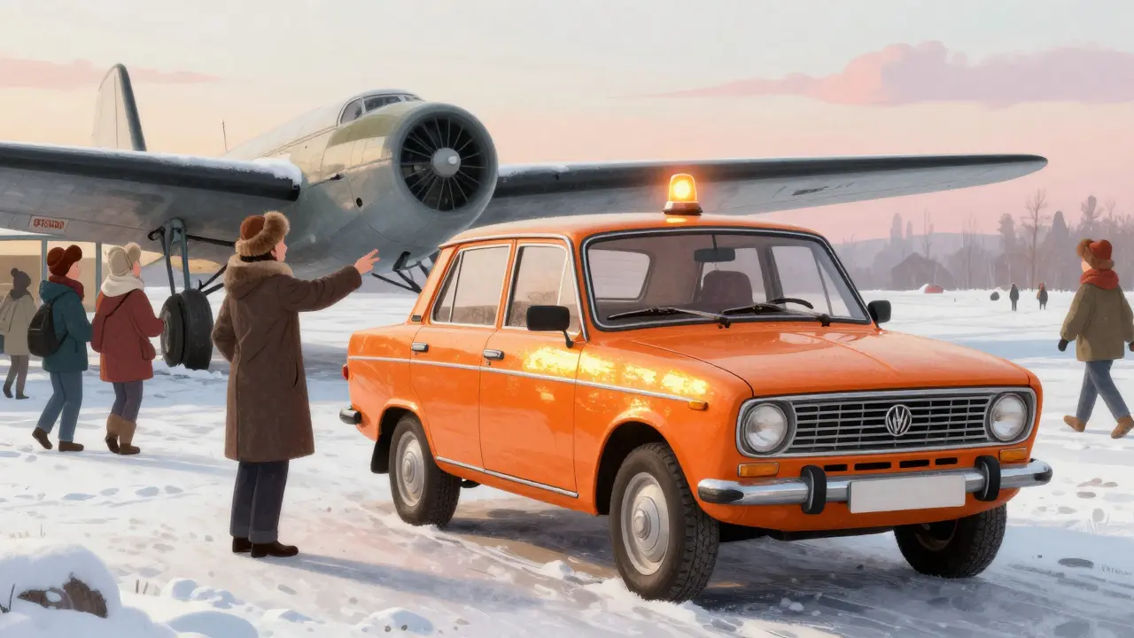 Оранжевая Волга-«Эскорт» с маячком на аэродроме, пассажиры идут к самолёту на рассвете.