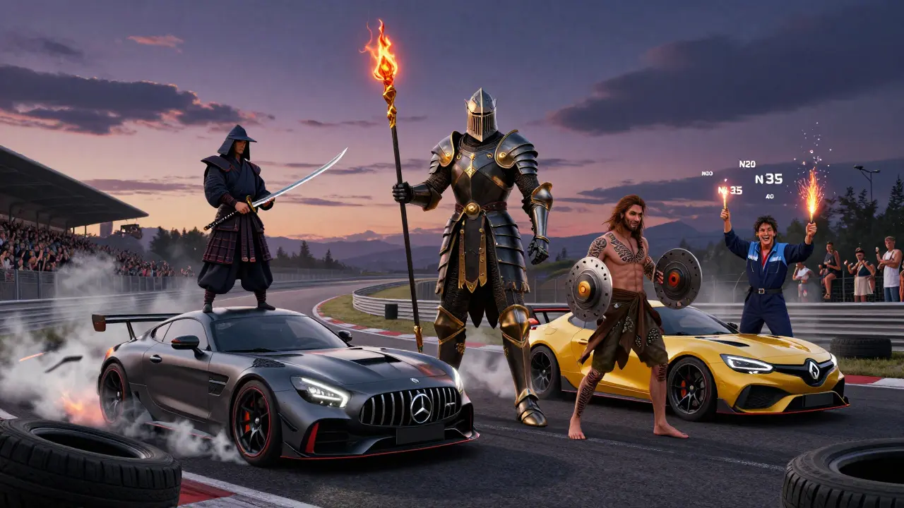 Персонифицированные спортивные бренды — как герои на гоночной трассе при закате: AMG, BMW M, Renault RS и Hyundai N.