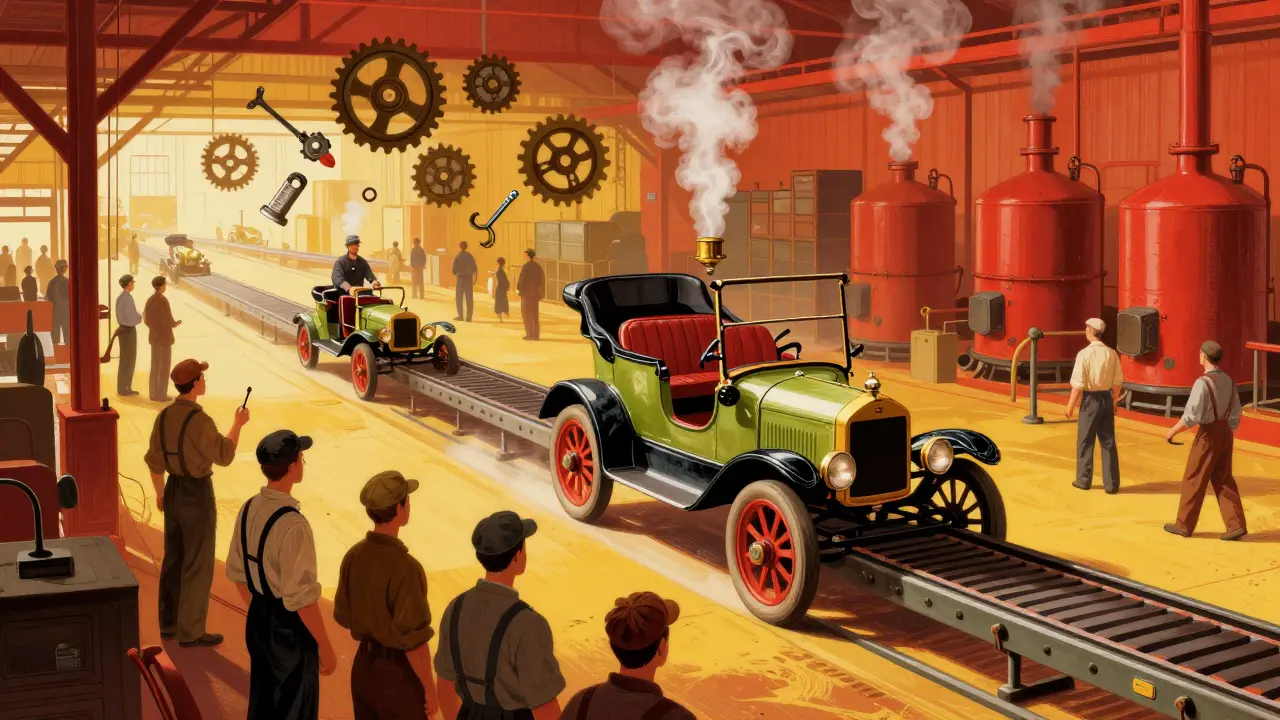 Первый конвейер на заводе Форда, Model T движется по ленте, рабочие наблюдают за процессом.
