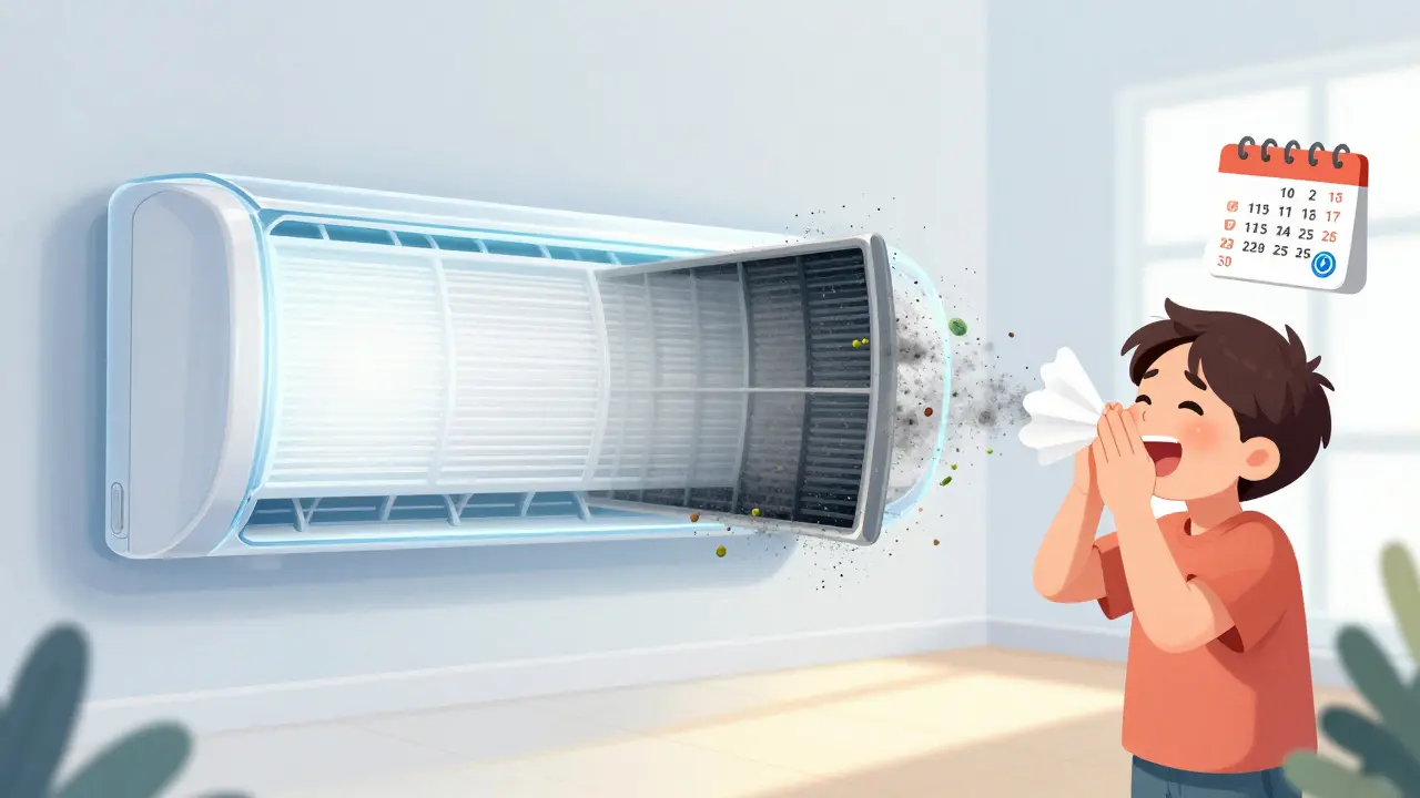 Прозрачный кондиционер: чистый фильтр с хорошим воздухом и грязный фильтр с бактериями — контраст заботы и пренебрежения.