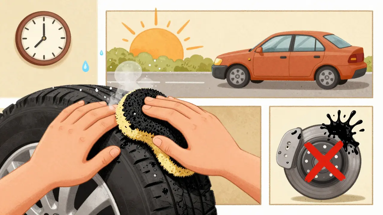 Рука наносит чернитель на шину, вокруг — процессы очистки, сушки и защиты, предупреждение о тормозах.