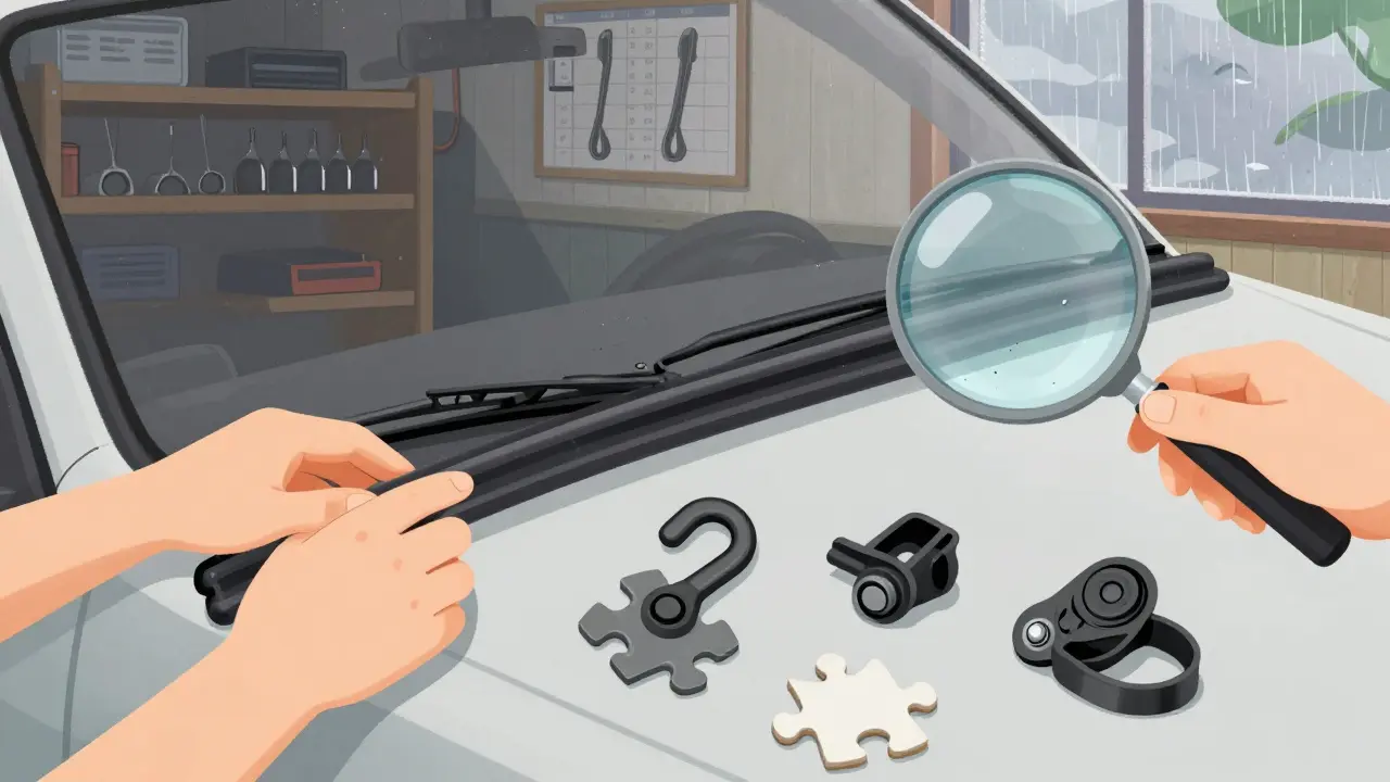 Руки снимают старую щетку стеклоочистителя, рядом лежат три типа креплений: крючок, боковой штырь и кнопка.