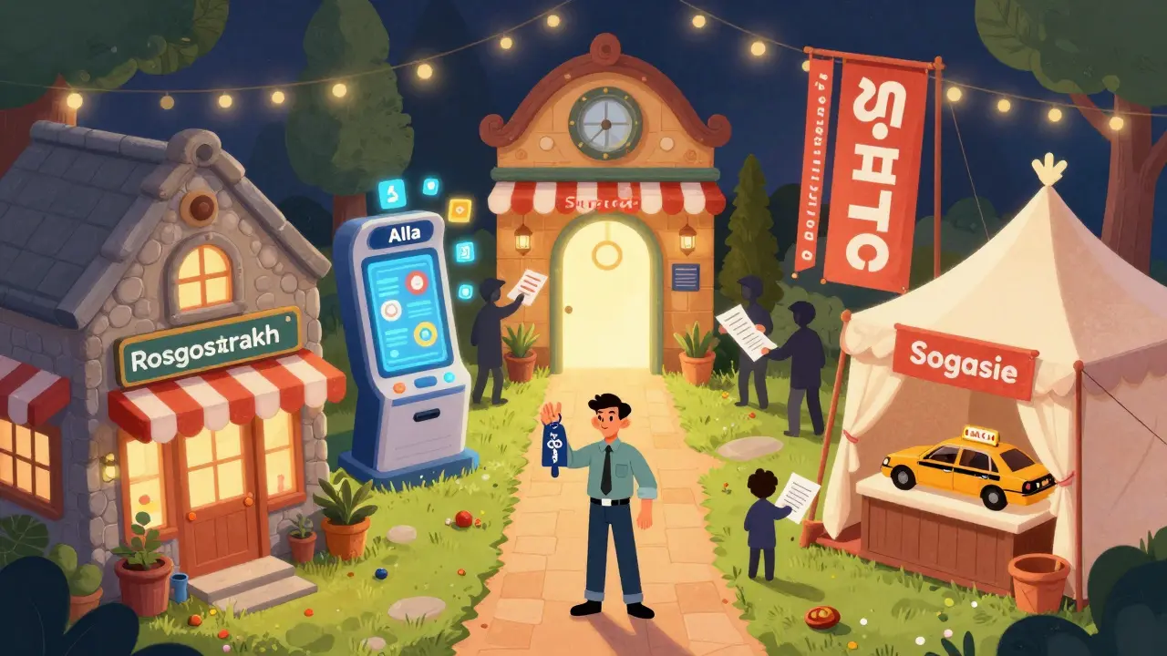 Рынок страховых компаний в виде сказочных лавок, таксист выбирает правильный путь