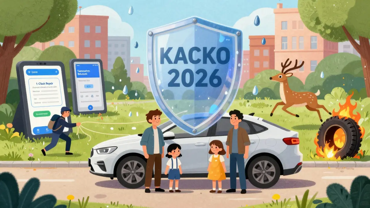 Семья с новой машиной под прозрачным щитом защиты от всех рисков.