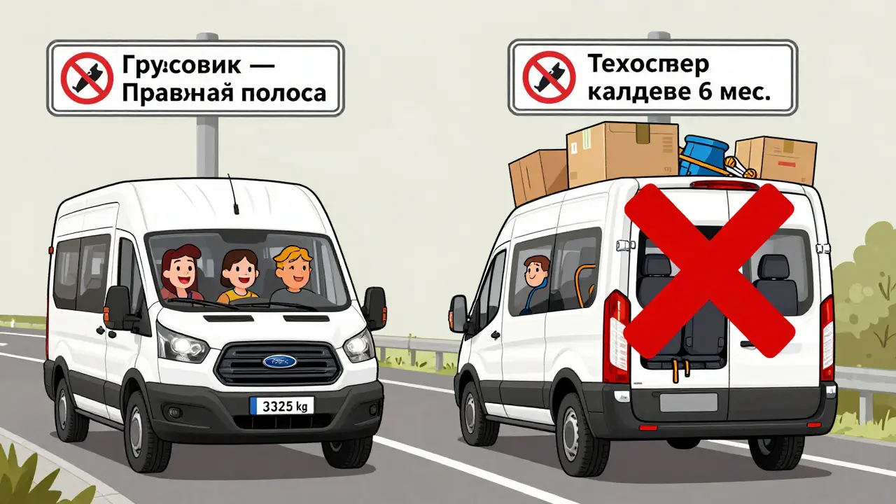 Сравнение двух Ford Transit: один с легким грузом, другой — перегруженный с лишними сиденьями и грузом.