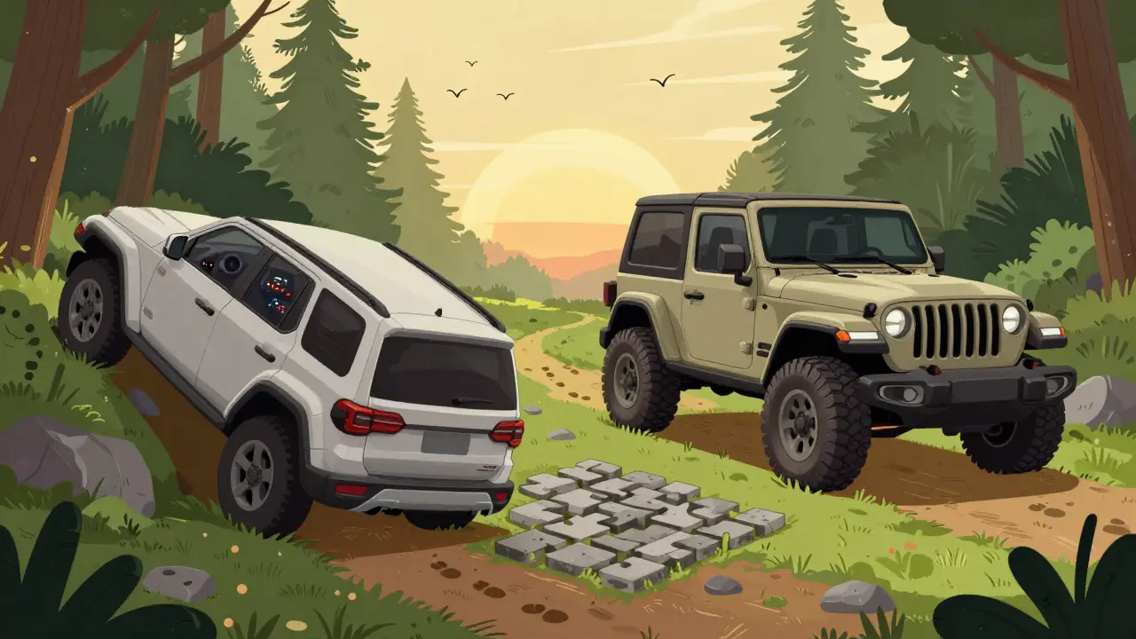 Сравнение: кроссовер застрял, а внедорожник спокойно проезжает тот же участок бездорожья.