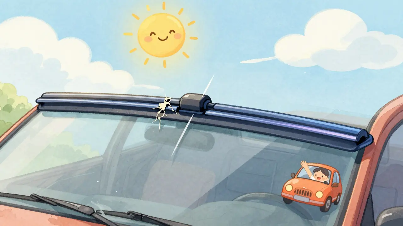 Сравнение: старая щетка оставляет полосы, а новая гибридная — чисто очищает стекло под солнечным светом.