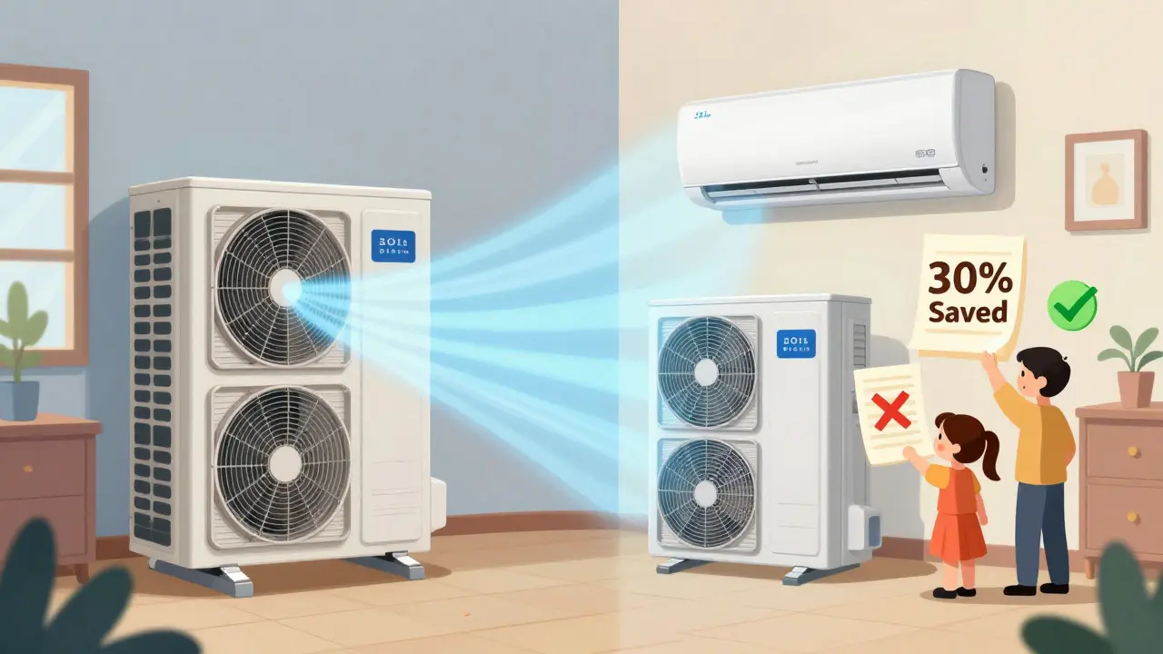 Сравнение старого и современного кондиционера: один шумный и неэффективный, другой тихий и экономичный.