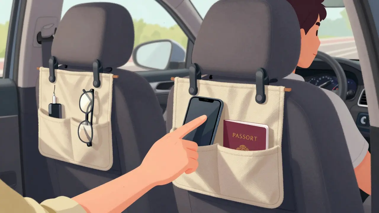 Текстильный карман между сиденьями автомобиля с телефоном, очками и зарядкой, закреплённый на спинках сидений.