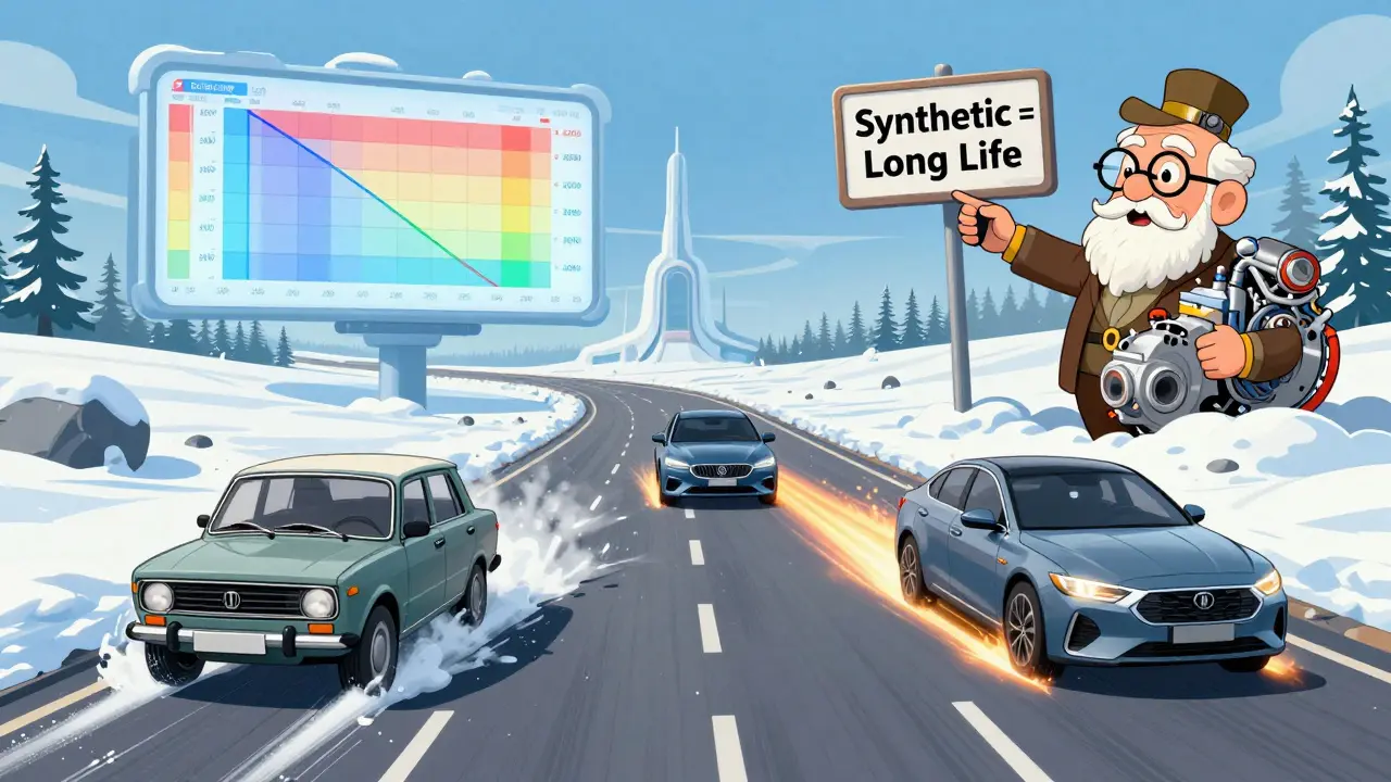 Три автомобиля на дороге от Мурманска до Краснодара, каждый с разным маслом: минеральное, полусинтетическое и синтетическое.