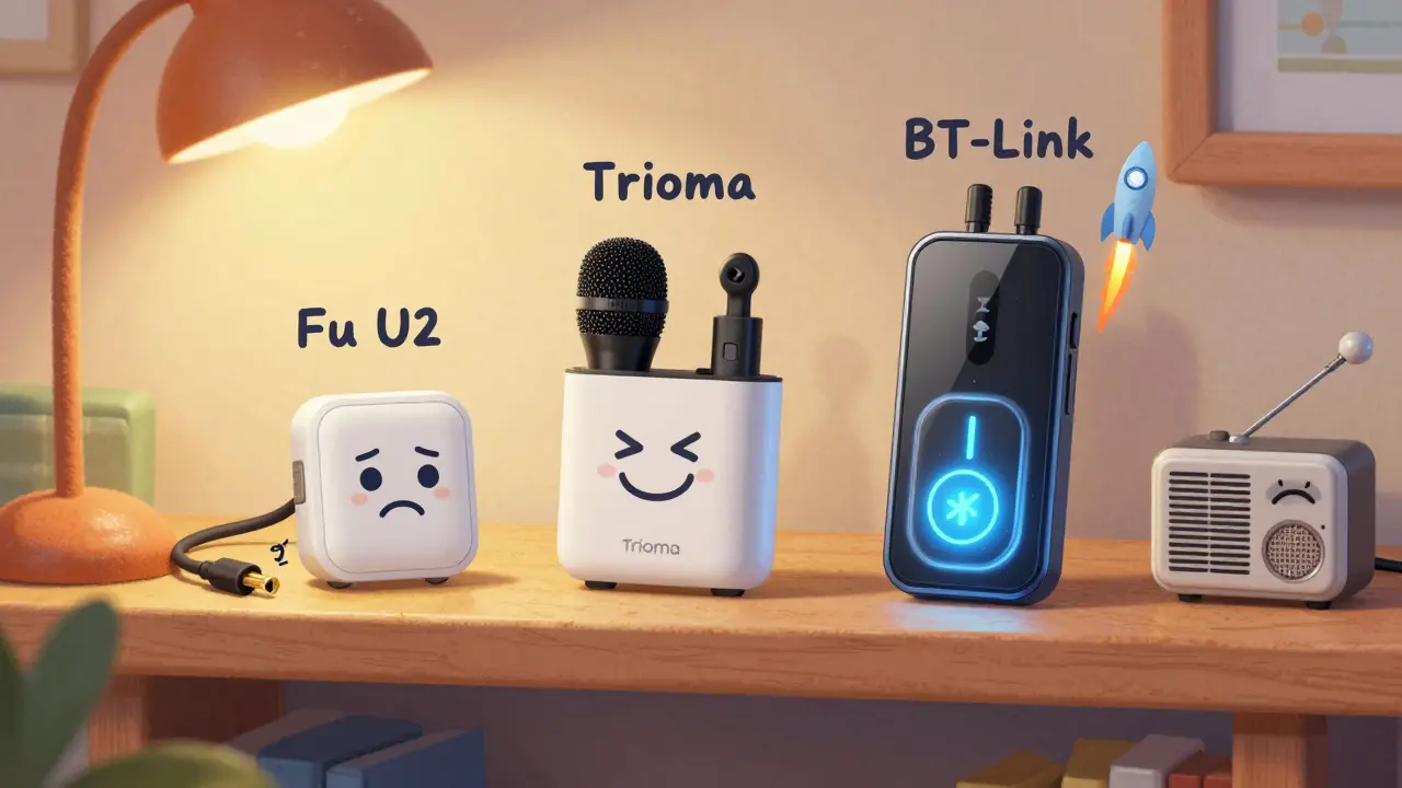 Три Bluetooth-адаптера на полке: бюджетный, средний и премиум, с выражениями лиц и ценниками, рядом сломанный AUX-кабель и FM-радио.