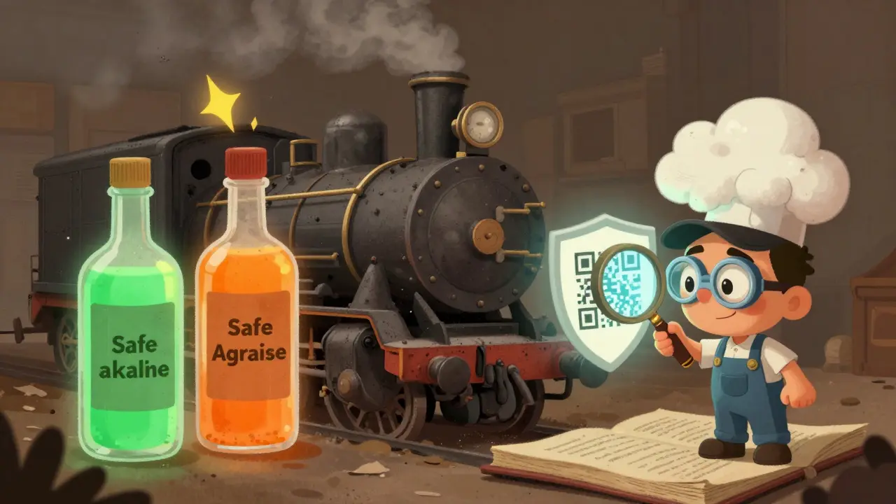 Три очистителя для двигателя: безопасный, агрессивный и пенный, рядом — QR-код с защитным щитом, иллюстрация в стиле сказки.