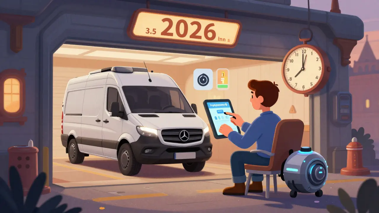 Водитель использует приложение для расчета веса электрического грузовика, на фоне — таймер до 2026 года и снижения лимита массы.