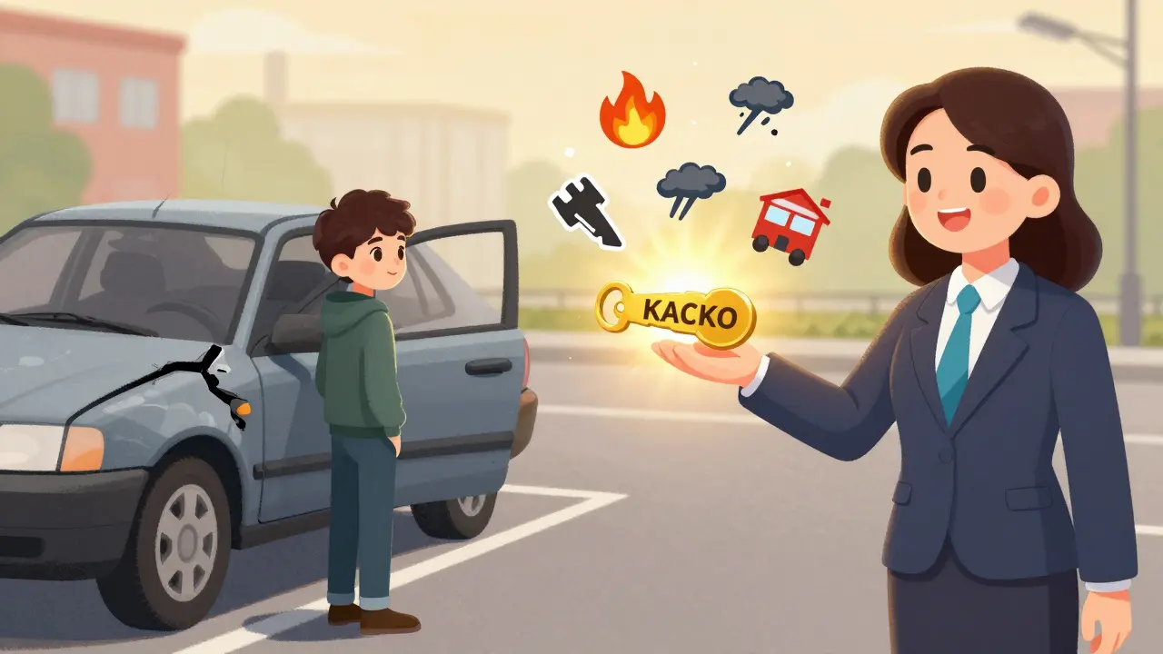 Водитель с поврежденной машиной и страховой агент с золотым ключом КАСКО.