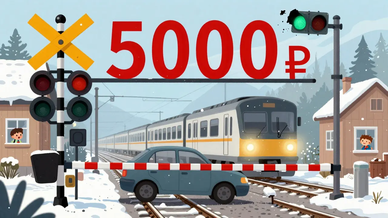 Автомобиль на железнодорожном переезде на красный свет, приближается поезд.