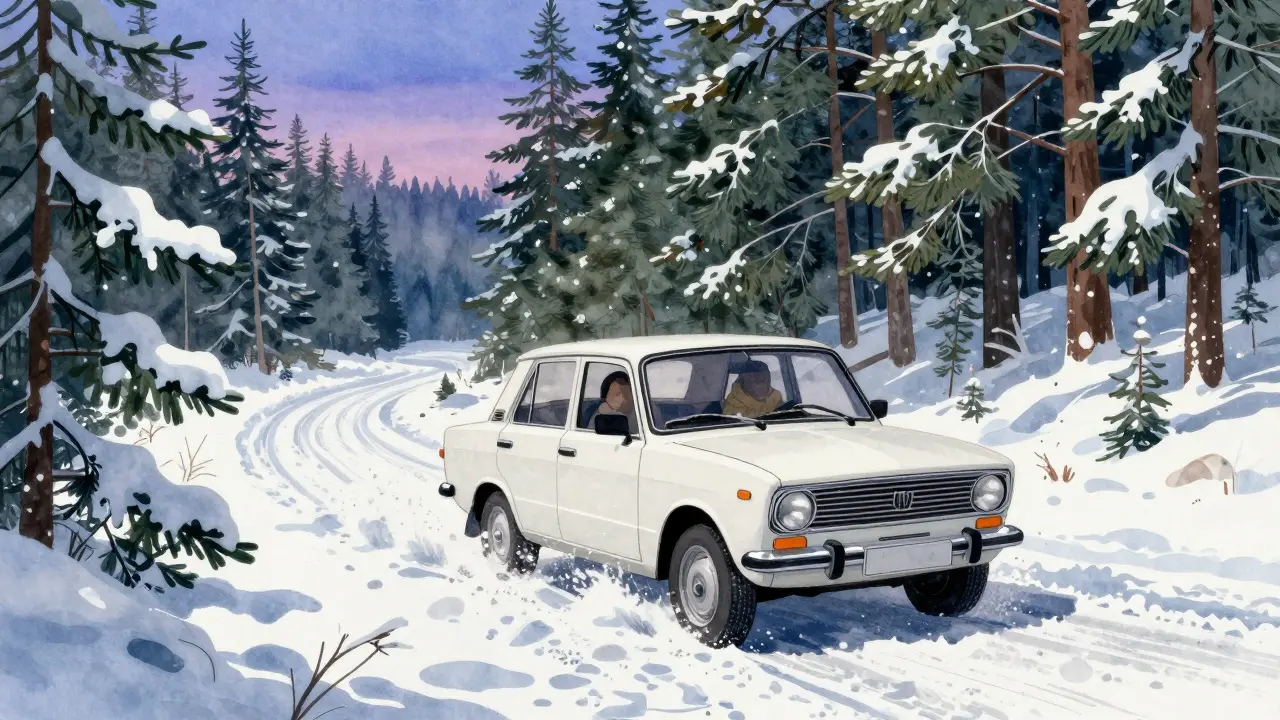 Белый седан едет по заснеженной дороге в окружении сосен