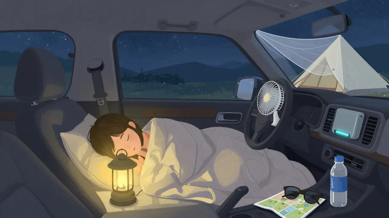 Человек спит в машине ночью под одеялом, за окном — звёздное небо и горы.